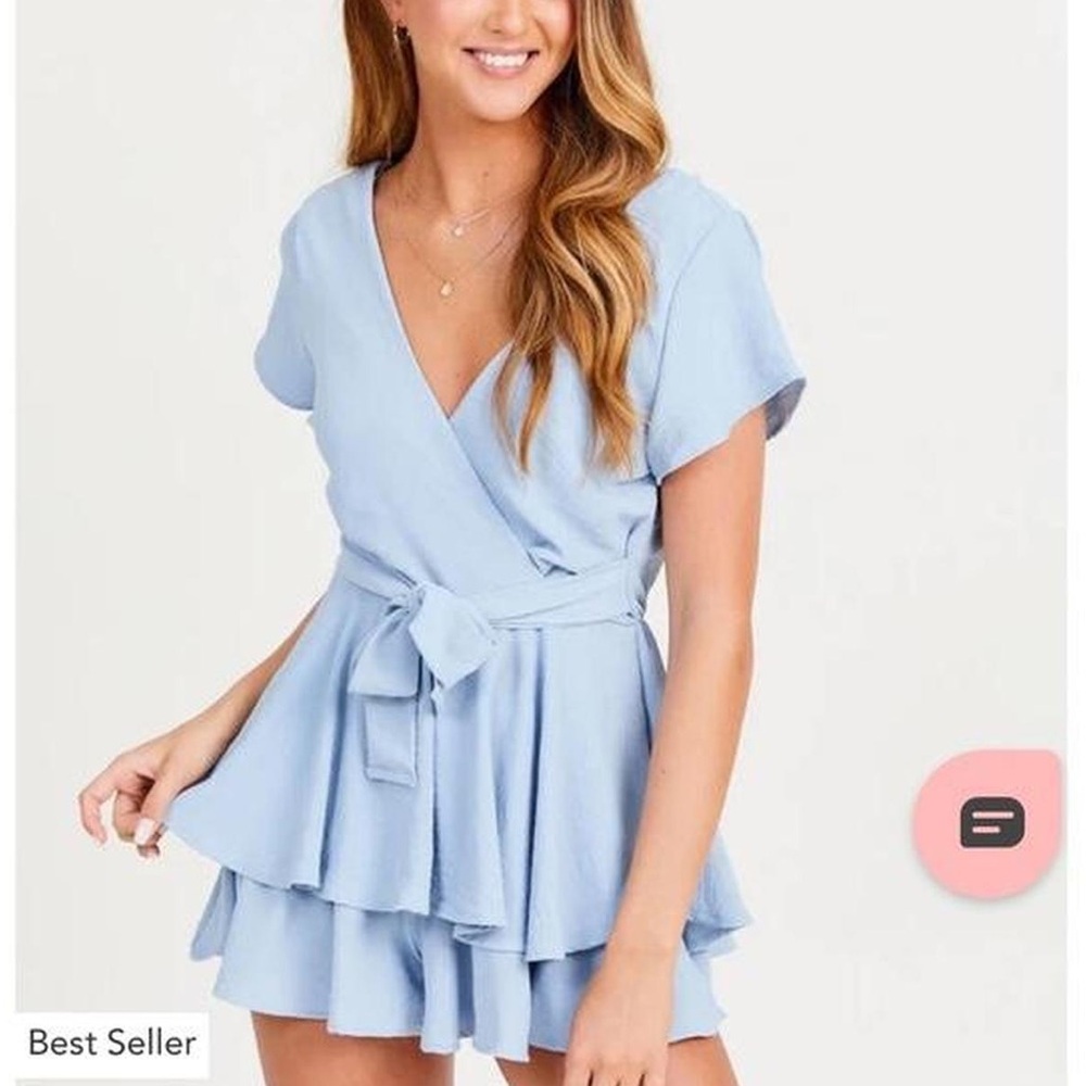 NWT Altar'd State | Women’s Sky Blue Waist Tie Vneck Flutter Sleeve Romper, Sz M